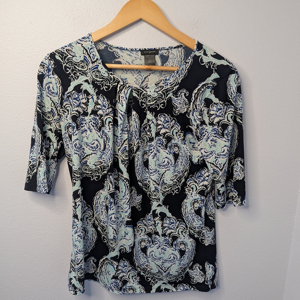 Ann Taylor Blue & Mint Paisley Keyholeโ Blouse Top Medium